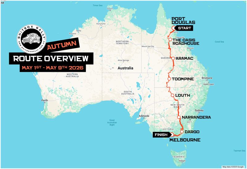 Shitbox Rally 2026 Route: Port Douglas to Melbourne